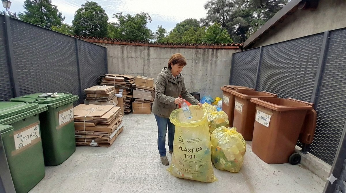 persona che differenzia in area rifiuti ordinata